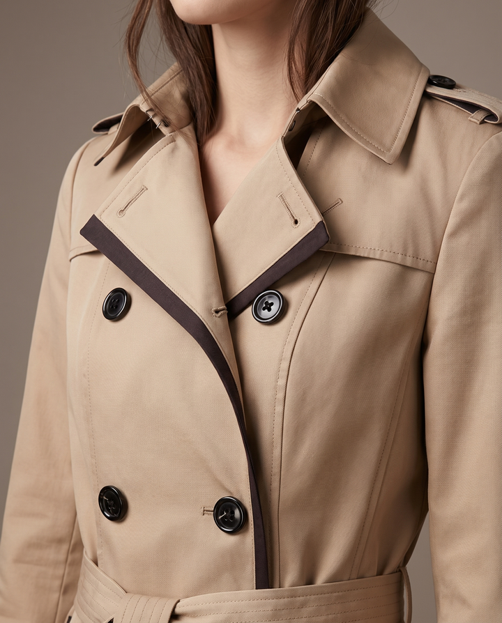 Trench Coat for women - Clemence, lapel and button detail