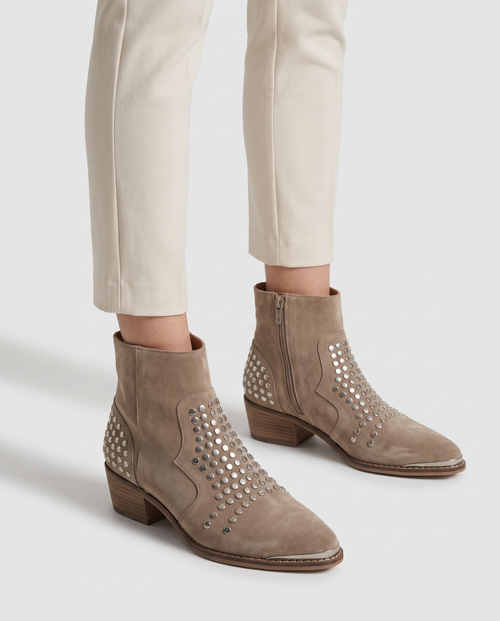 Benedetta | Women's Suede Block Heel Ankle Boots with Studs