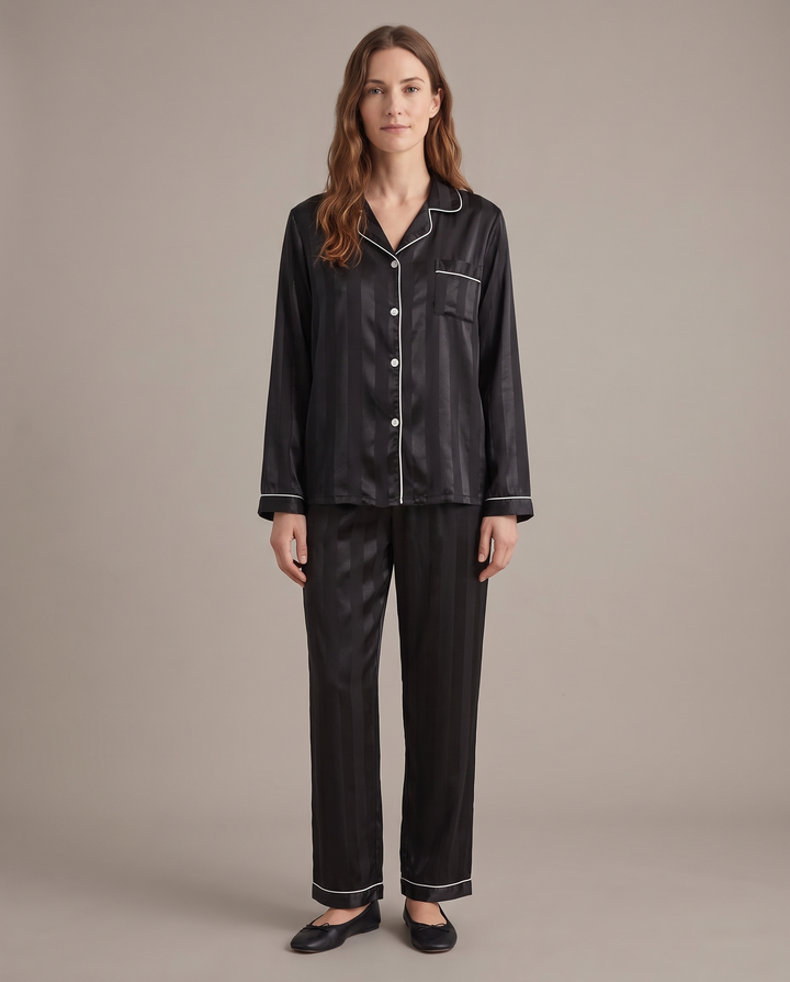 Marijke | Women's Silk-Touch Bold-Stripe Long Sleeve Lounge Set