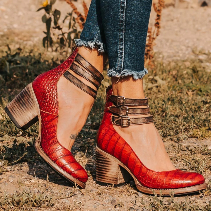 Delyth | Women's Block Heel Ankle Boots with Buckle Straps