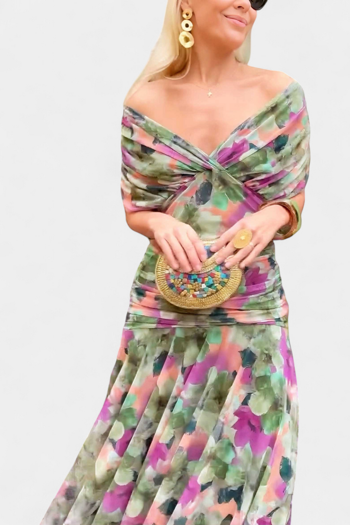 Women's Floral Pleated V-Neck Maxi Dress for Evening Wear — view 6