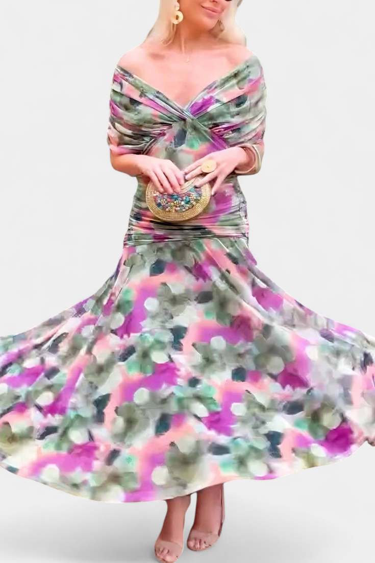 Women's Floral Pleated V-Neck Maxi Dress for Evening Wear — view 7