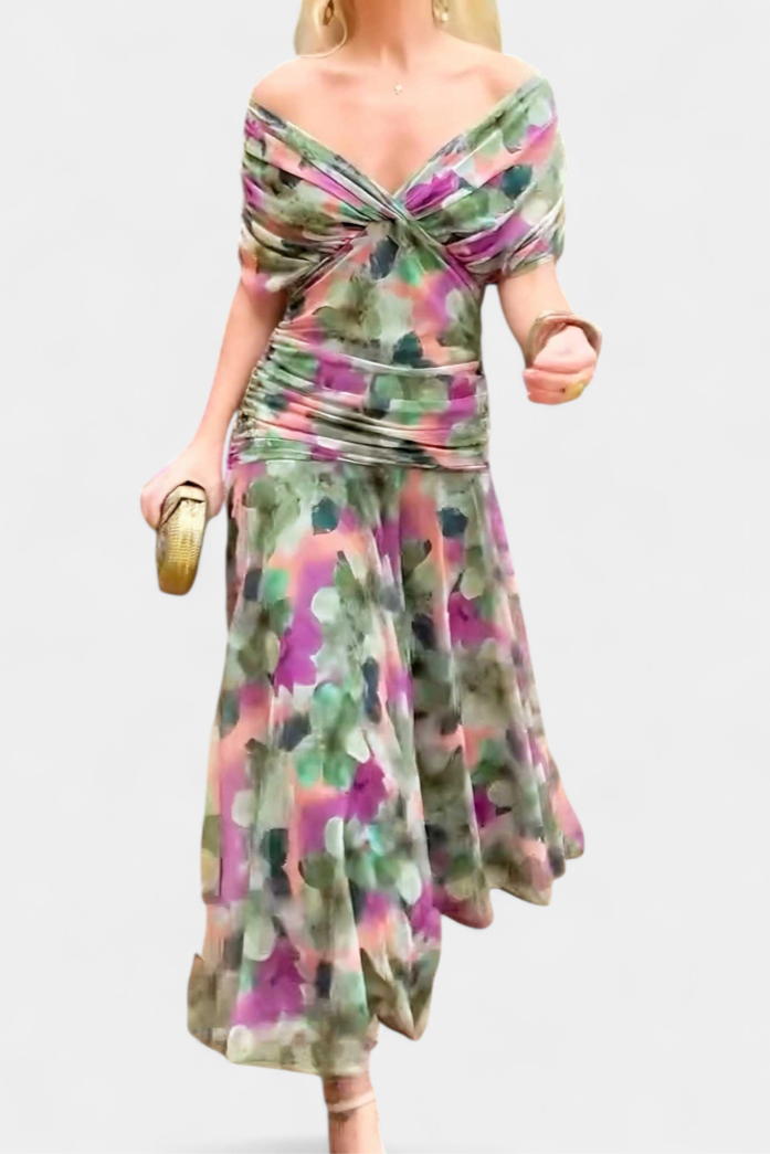Women's Floral Pleated V-Neck Maxi Dress for Evening Wear — view 8