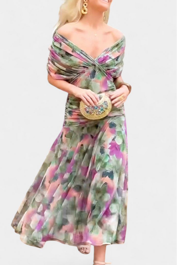 Women's Floral Pleated V-Neck Maxi Dress for Evening Wear — view 9