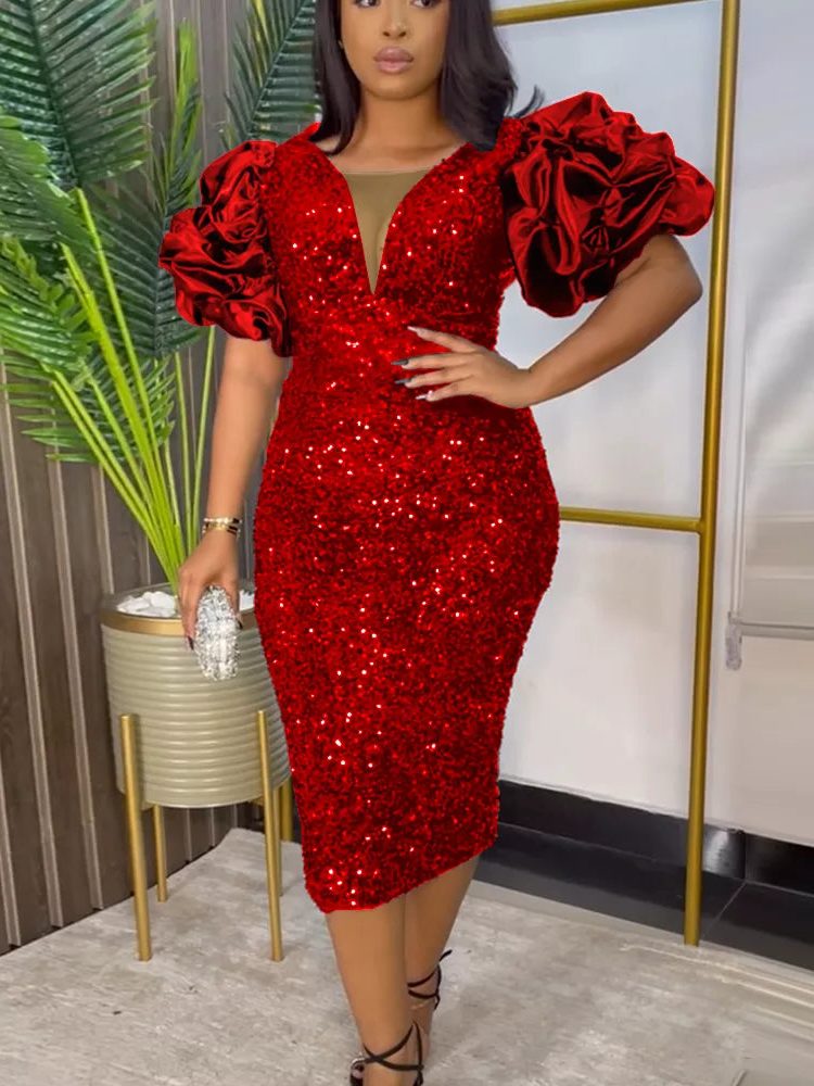 Khaleesi | Women's Sequin Midi Dress with Puff Sleeves