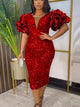 Khaleesi | Women's Sequin Midi Dress with Puff Sleeves
