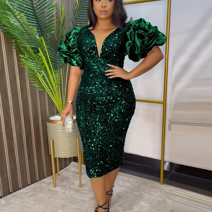 Khaleesi | Women's Sequin Midi Dress with Puff Sleeves