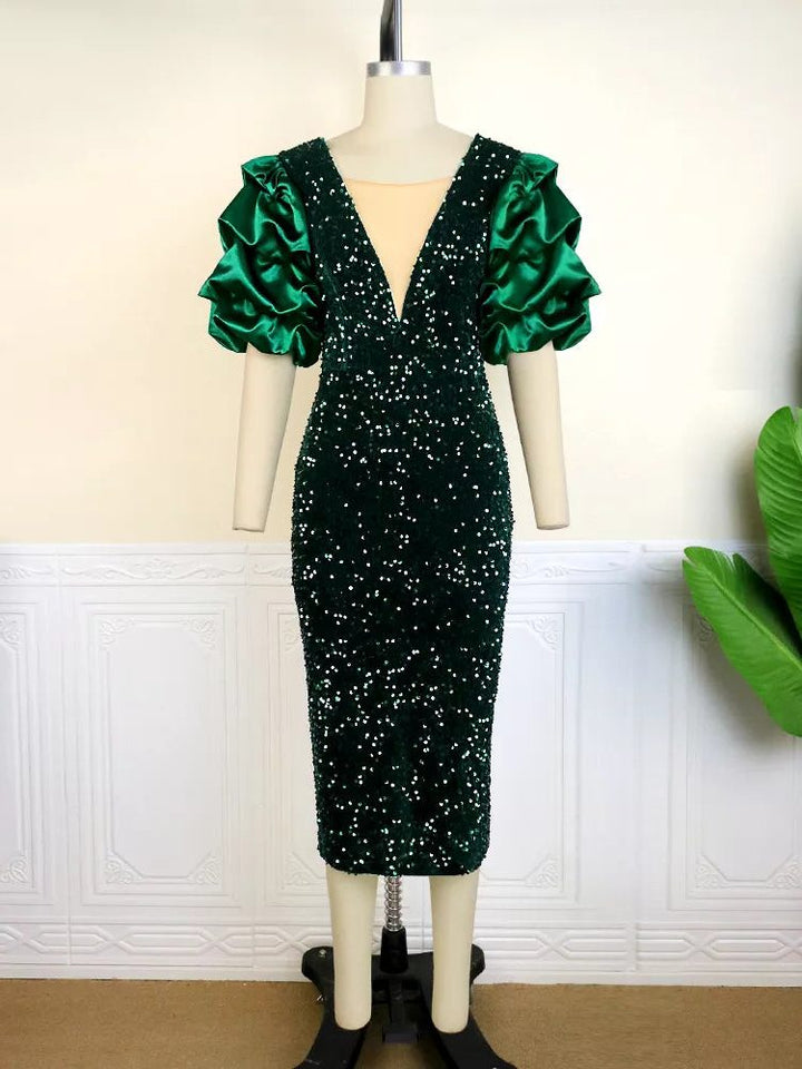 Khaleesi | Women's Sequin Midi Dress with Puff Sleeves