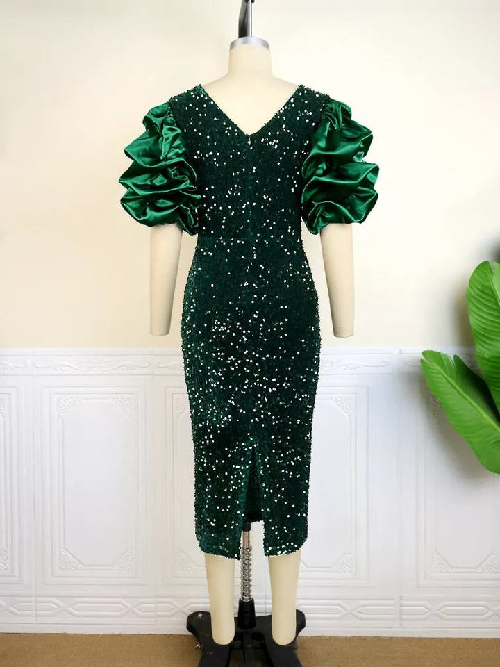 Khaleesi | Women's Sequin Midi Dress with Puff Sleeves