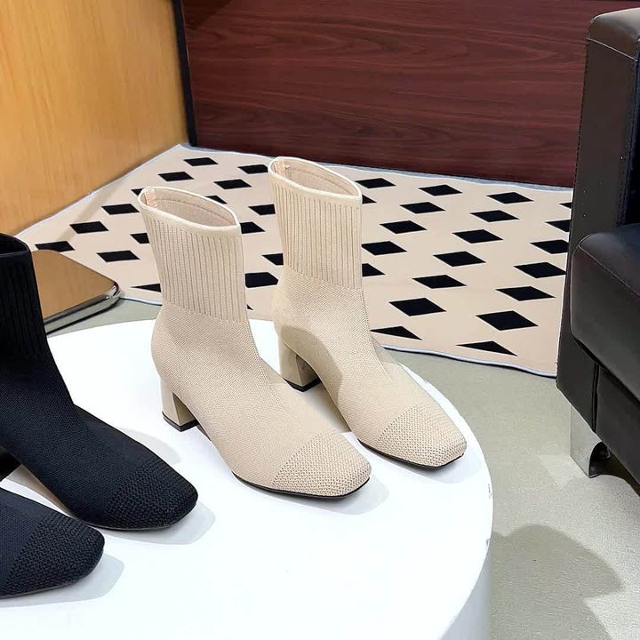 Kishori | Women's Ribbed Knit Block Heel Ankle Boots