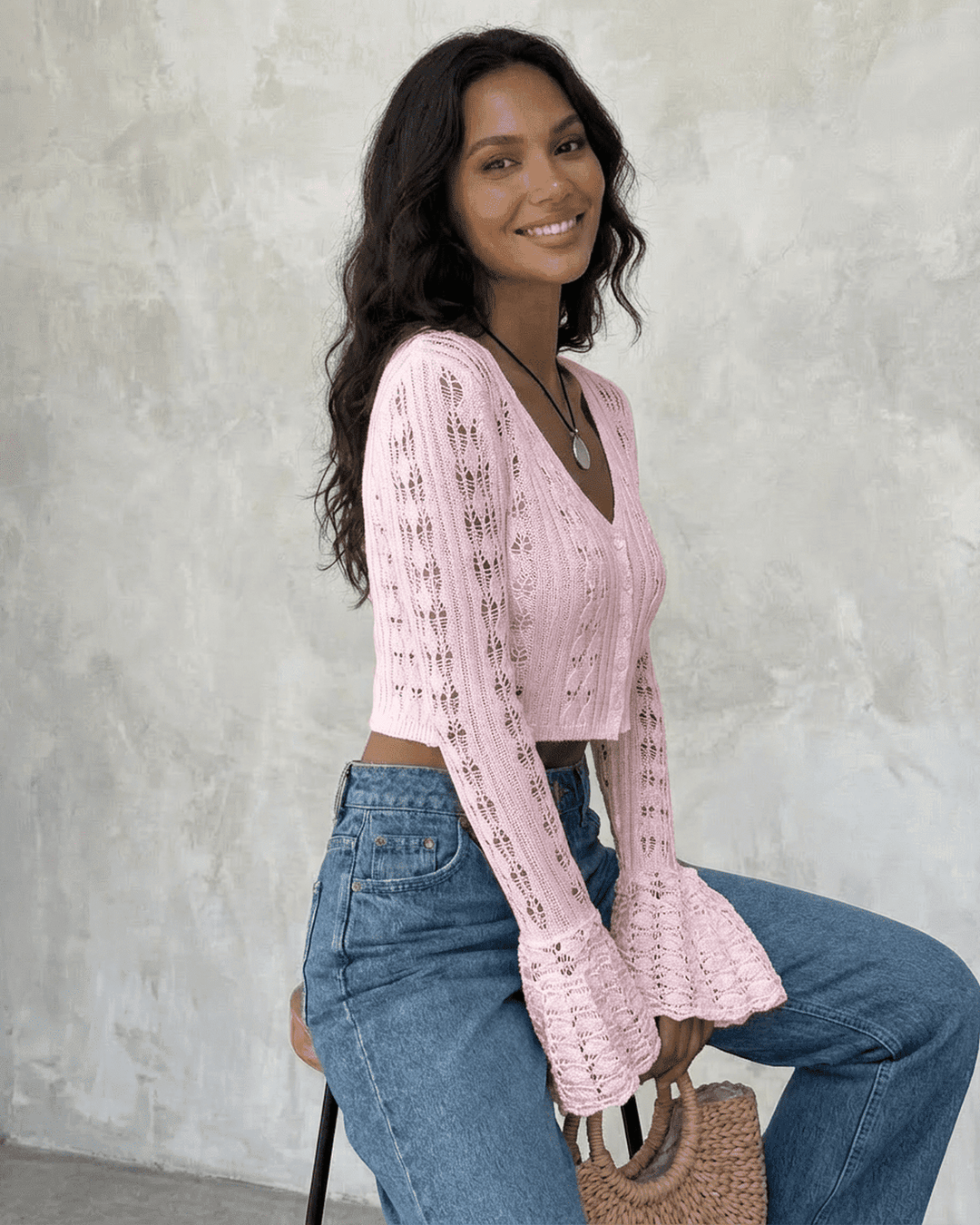 Brigitte | Women's Pointelle Cropped Cardigan with Flared Sleeves