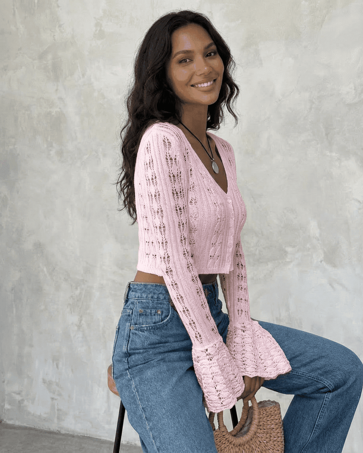 Brigitte | Women's Pointelle Cropped Cardigan with Flared Sleeves