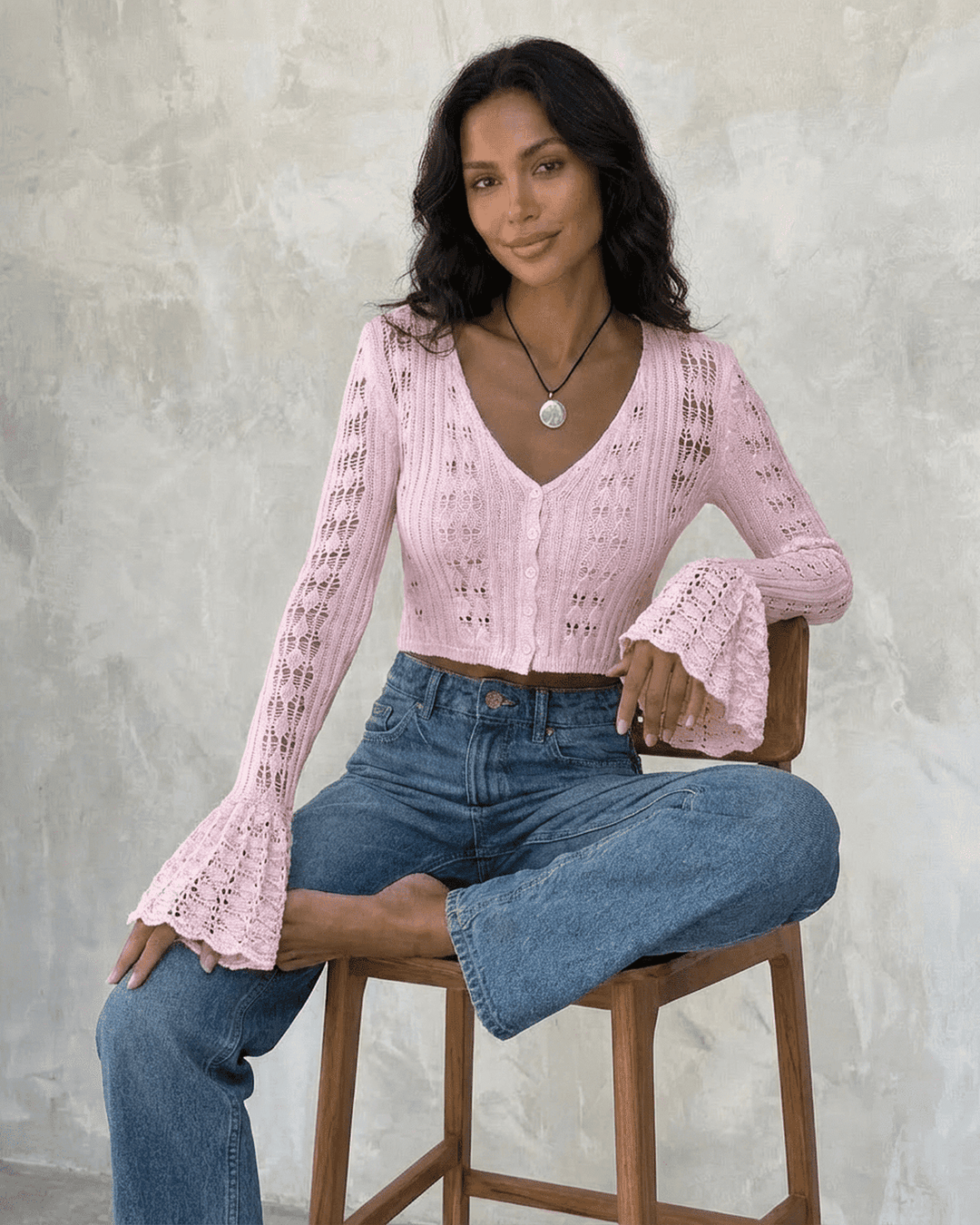 Brigitte | Women's Pointelle Cropped Cardigan with Flared Sleeves