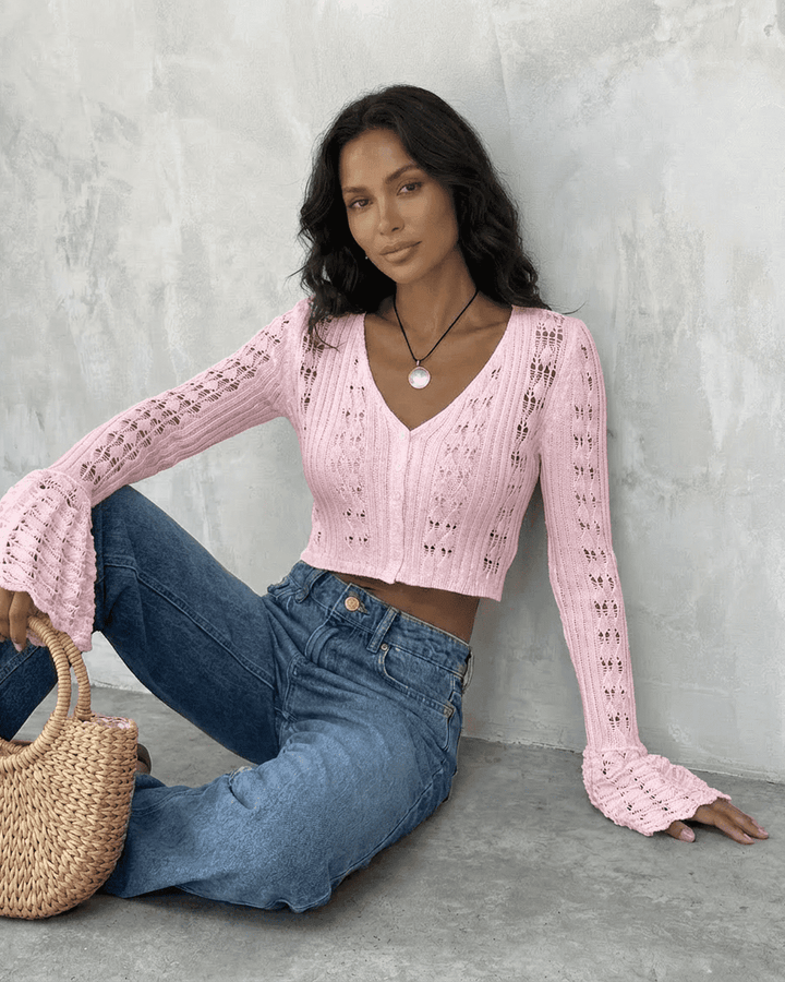 Brigitte | Women's Pointelle Cropped Cardigan with Flared Sleeves
