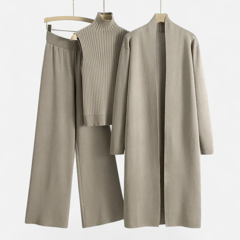 Desiderata | Women's Knit Three-Piece Vest-Cardigan-Trousers Set
