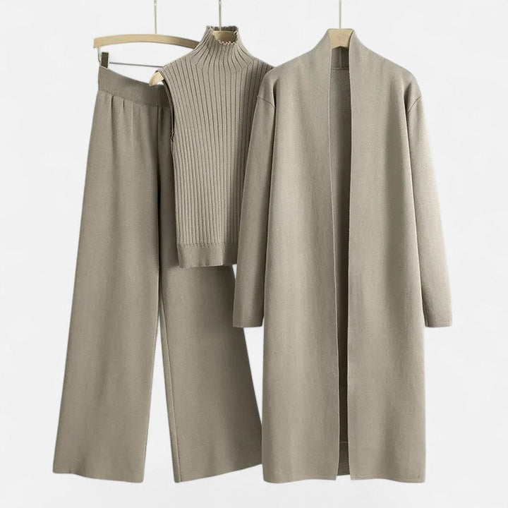Desiderata | Women's Knit Three-Piece Vest-Cardigan-Trousers Set