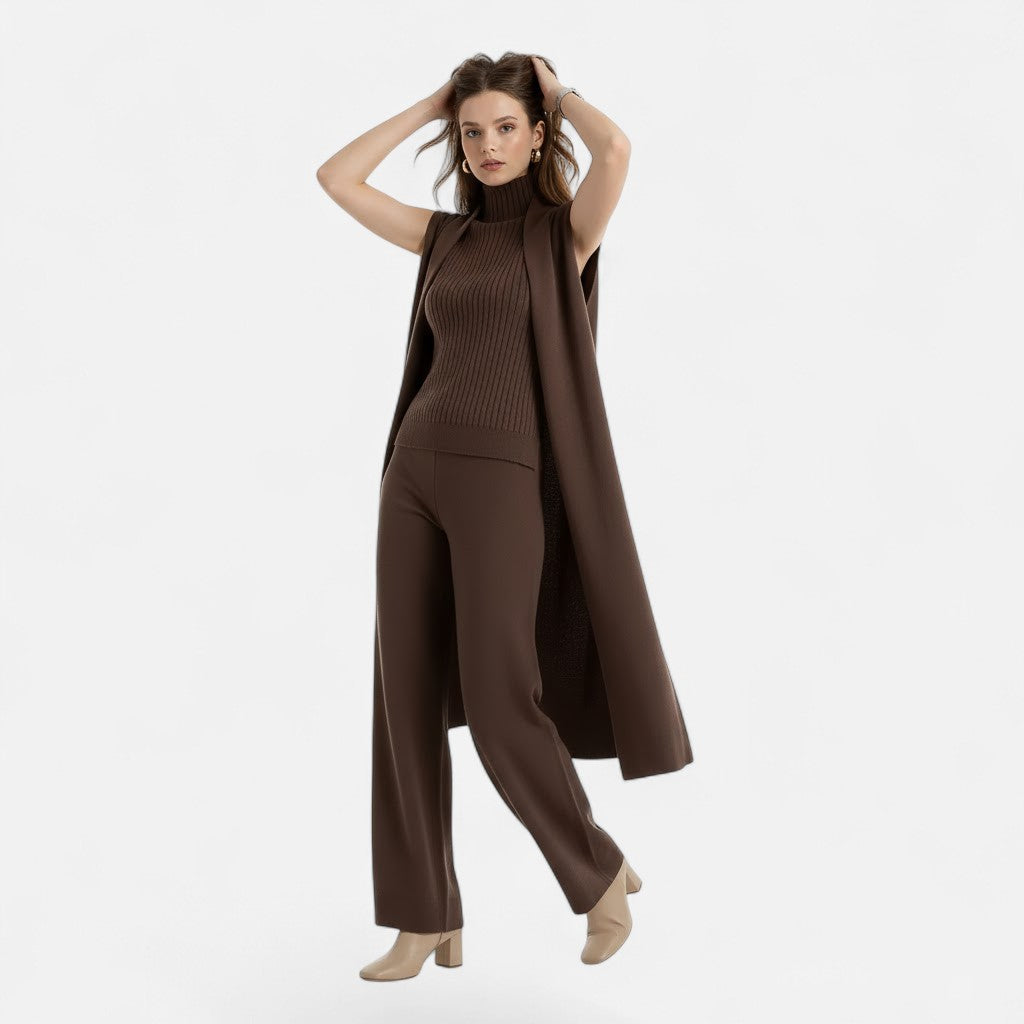 Desiderata | Women's Knit Three-Piece Vest-Cardigan-Trousers Set