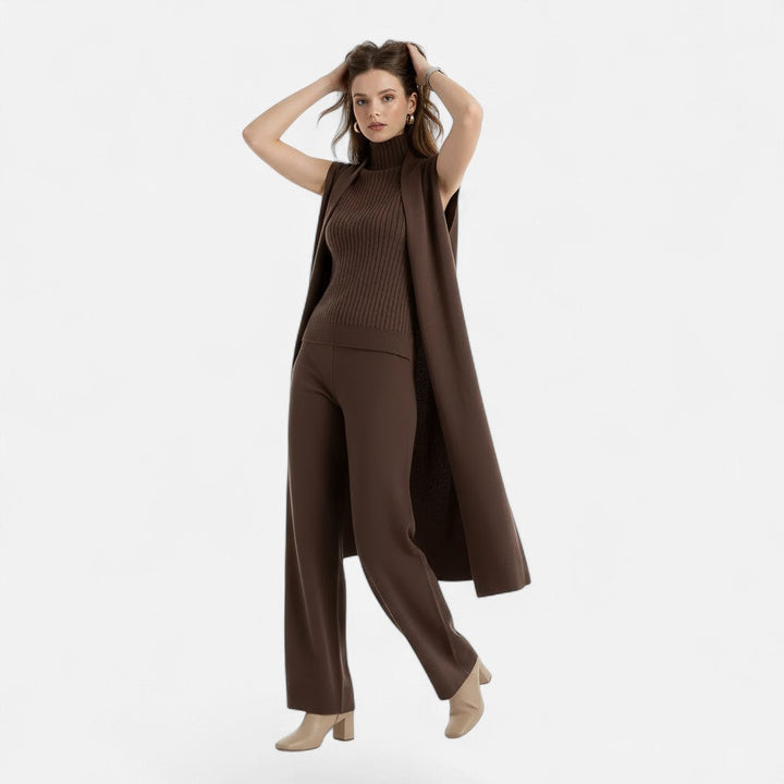 Desiderata | Women's Knit Three-Piece Vest-Cardigan-Trousers Set