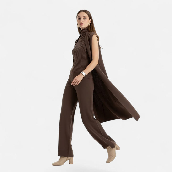 Desiderata | Women's Knit Three-Piece Vest-Cardigan-Trousers Set