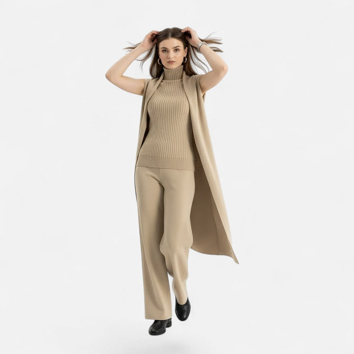 Desiderata | Women's Knit Three-Piece Vest-Cardigan-Trousers Set
