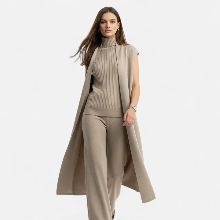 Desiderata | Women's Knit Three-Piece Vest-Cardigan-Trousers Set