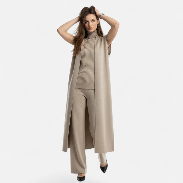 Desiderata | Women's Knit Three-Piece Vest-Cardigan-Trousers Set