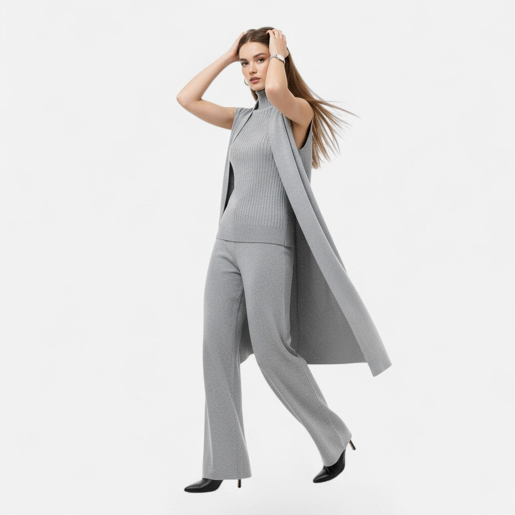 Desiderata | Women's Knit Three-Piece Vest-Cardigan-Trousers Set