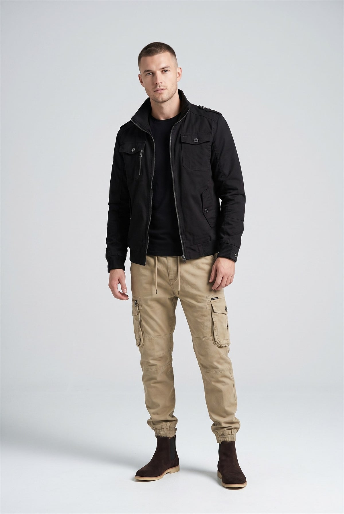 Model wearing Caspian, Anselm, Ambrose