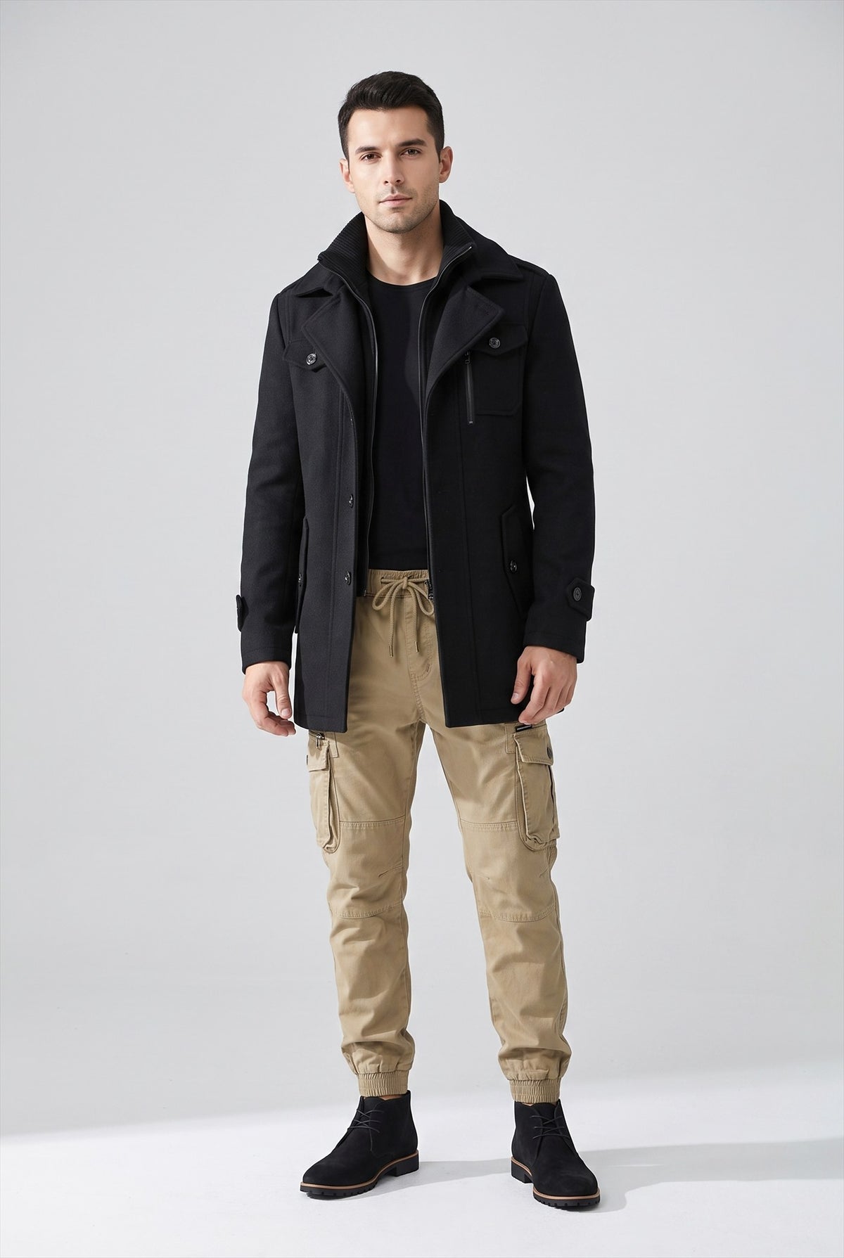 Model wearing Gideon, Anselm, Alaric