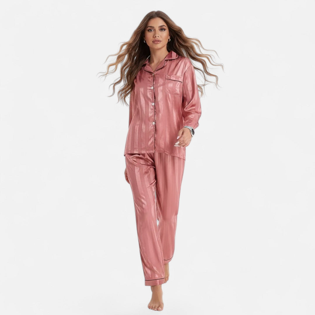 Marijke | Women's Silk-Touch Bold-Stripe Long Sleeve Lounge Set