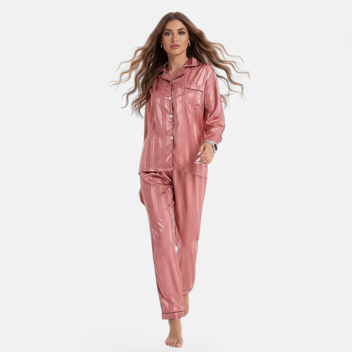 Marijke | Women's Silk-Touch Bold-Stripe Long Sleeve Lounge Set