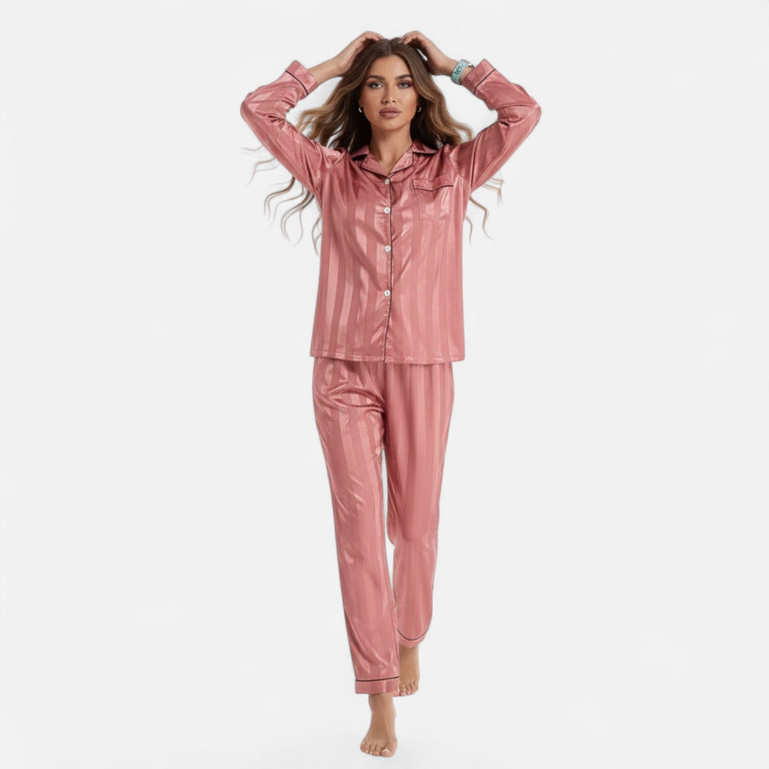 Marijke | Women's Silk-Touch Bold-Stripe Long Sleeve Lounge Set