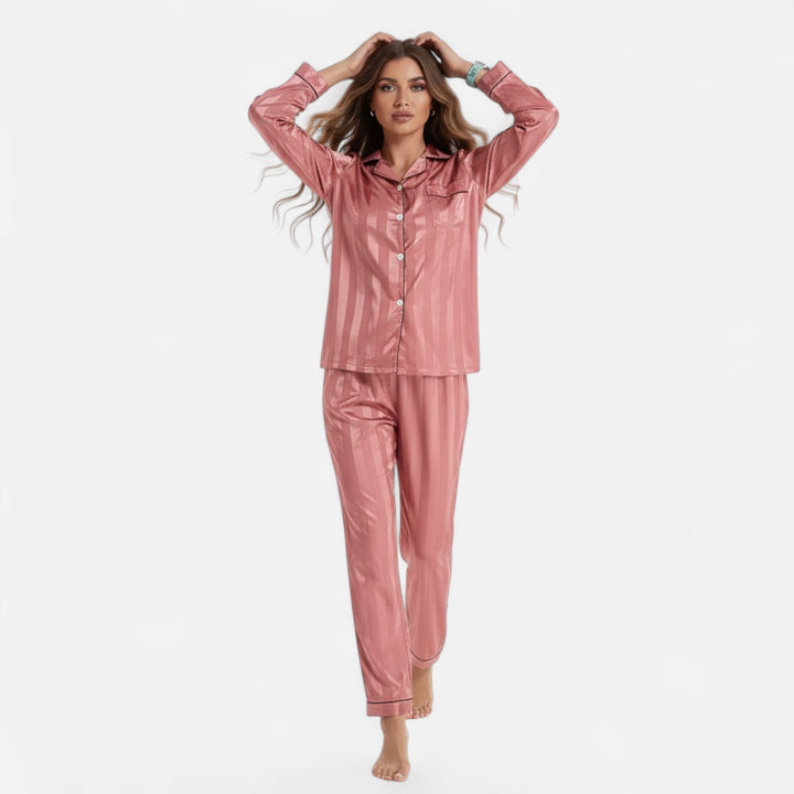Marijke | Women's Silk-Touch Bold-Stripe Long Sleeve Lounge Set