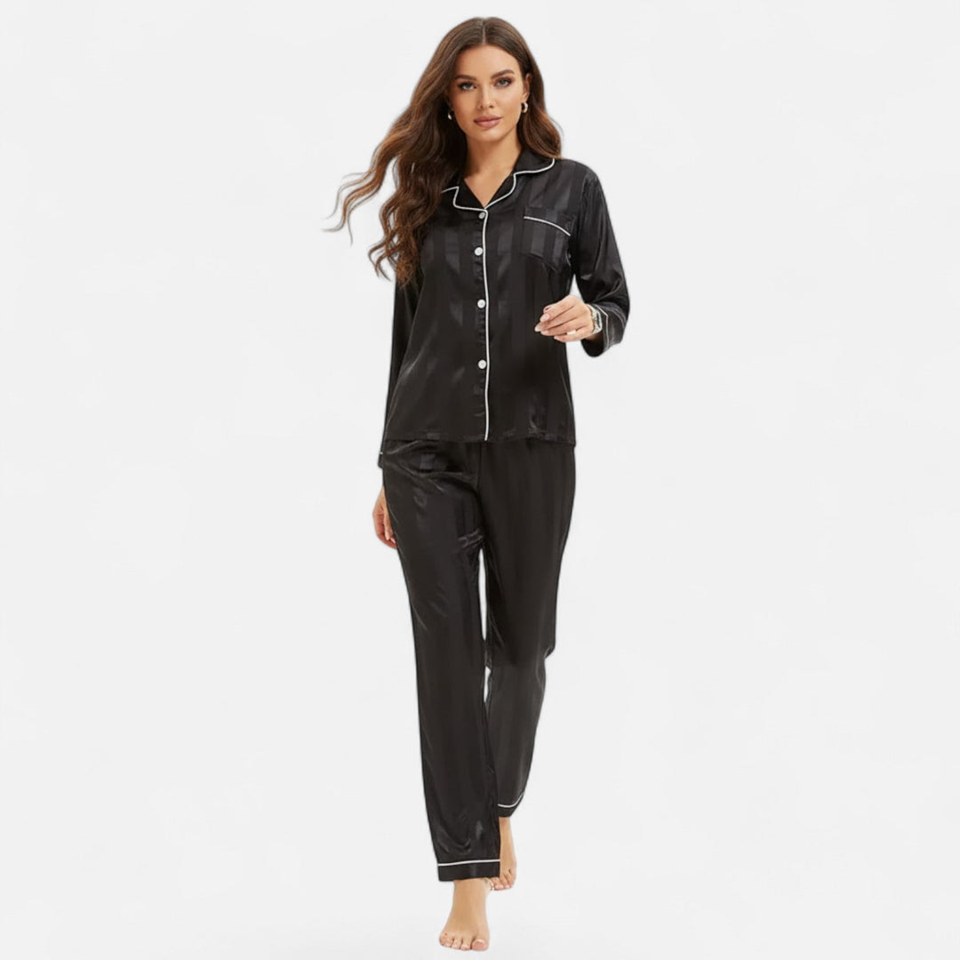 Marijke | Women's Silk-Touch Bold-Stripe Long Sleeve Lounge Set