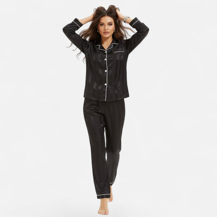 Marijke | Women's Silk-Touch Bold-Stripe Long Sleeve Lounge Set