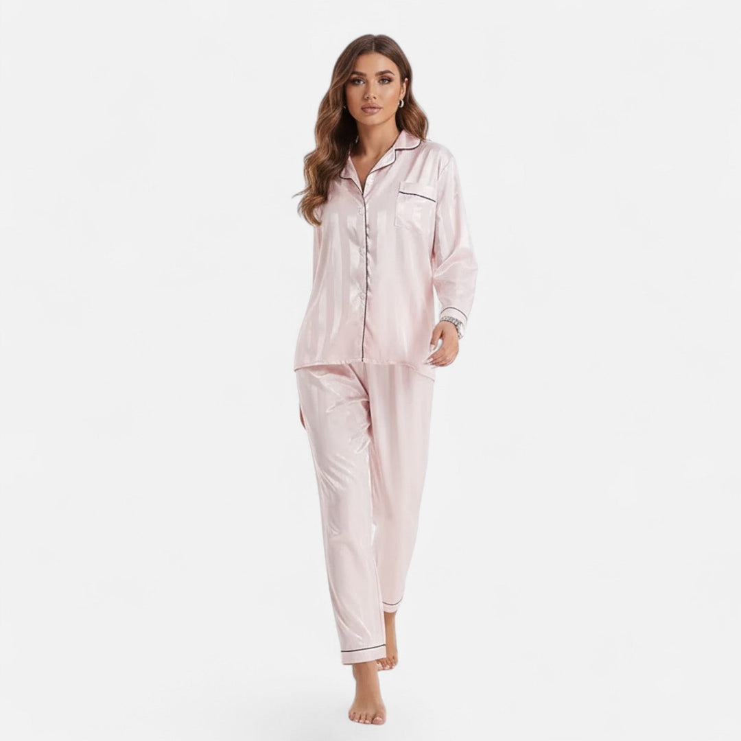 Marijke | Women's Silk-Touch Bold-Stripe Long Sleeve Lounge Set