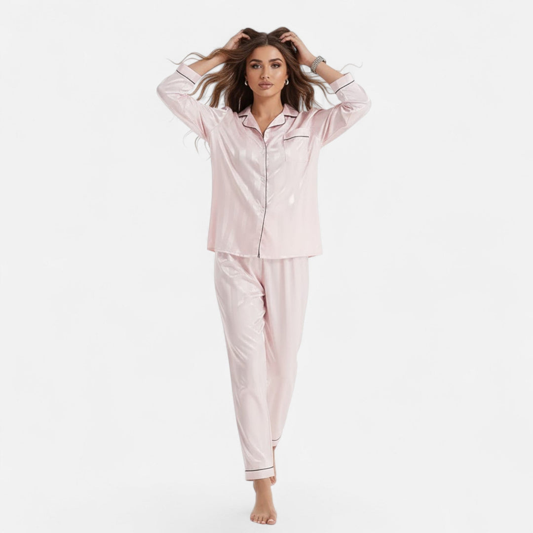 Marijke | Women's Silk-Touch Bold-Stripe Long Sleeve Lounge Set
