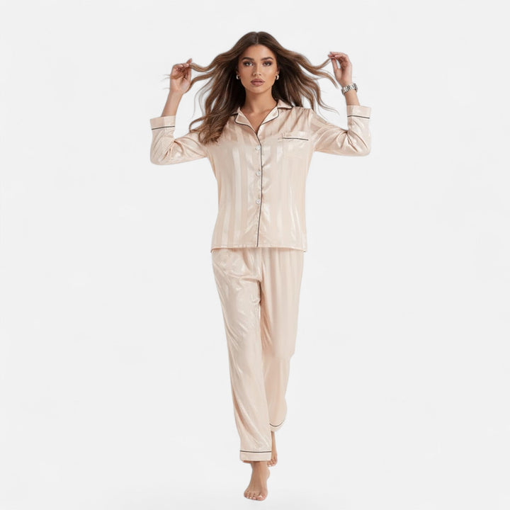 Marijke | Women's Silk-Touch Bold-Stripe Long Sleeve Lounge Set