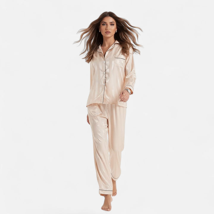 Marijke | Women's Silk-Touch Bold-Stripe Long Sleeve Lounge Set