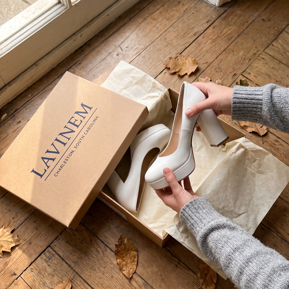Customer photo: white platform heels being unboxed from a Lavinem shoe box