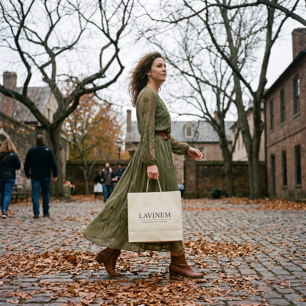 Customer photo: olive embroidered long-sleeve dress with a Lavinem shopping bag