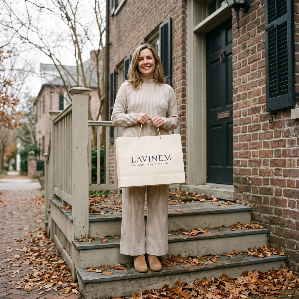 Customer photo: oatmeal ribbed knit two-piece set with a Lavinem shopping bag