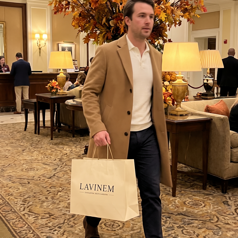 Customer photo: camel wool overcoat with a Lavinem shopping bag