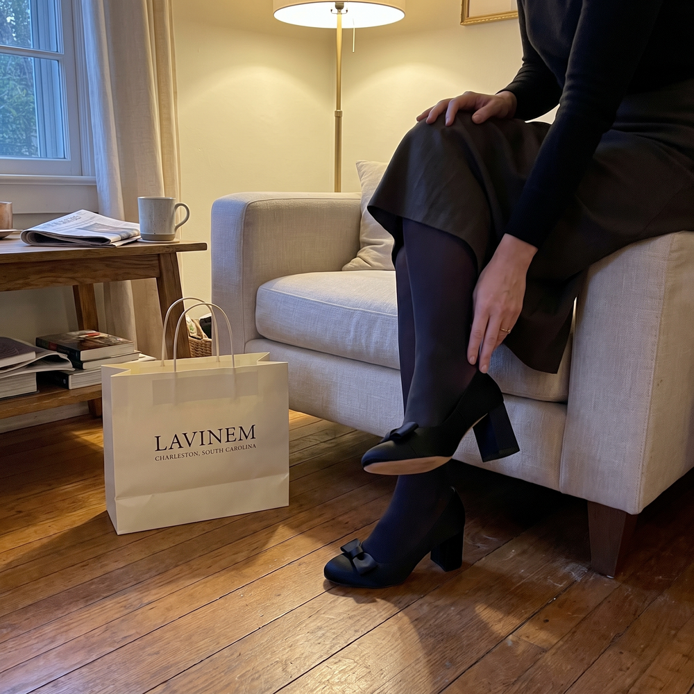 Customer photo: black bow-detail block heel pumps with a Lavinem shopping bag