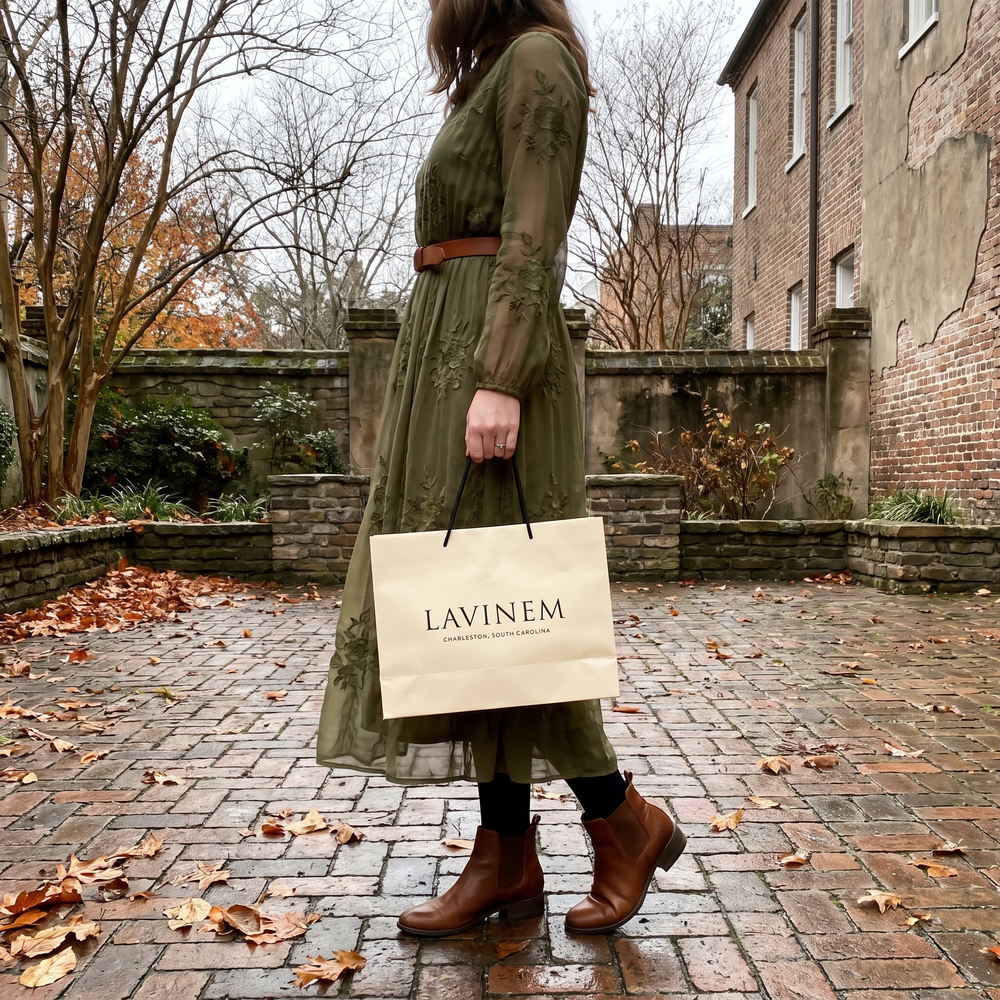 Customer photo: olive embroidered long-sleeve dress with a Lavinem shopping bag