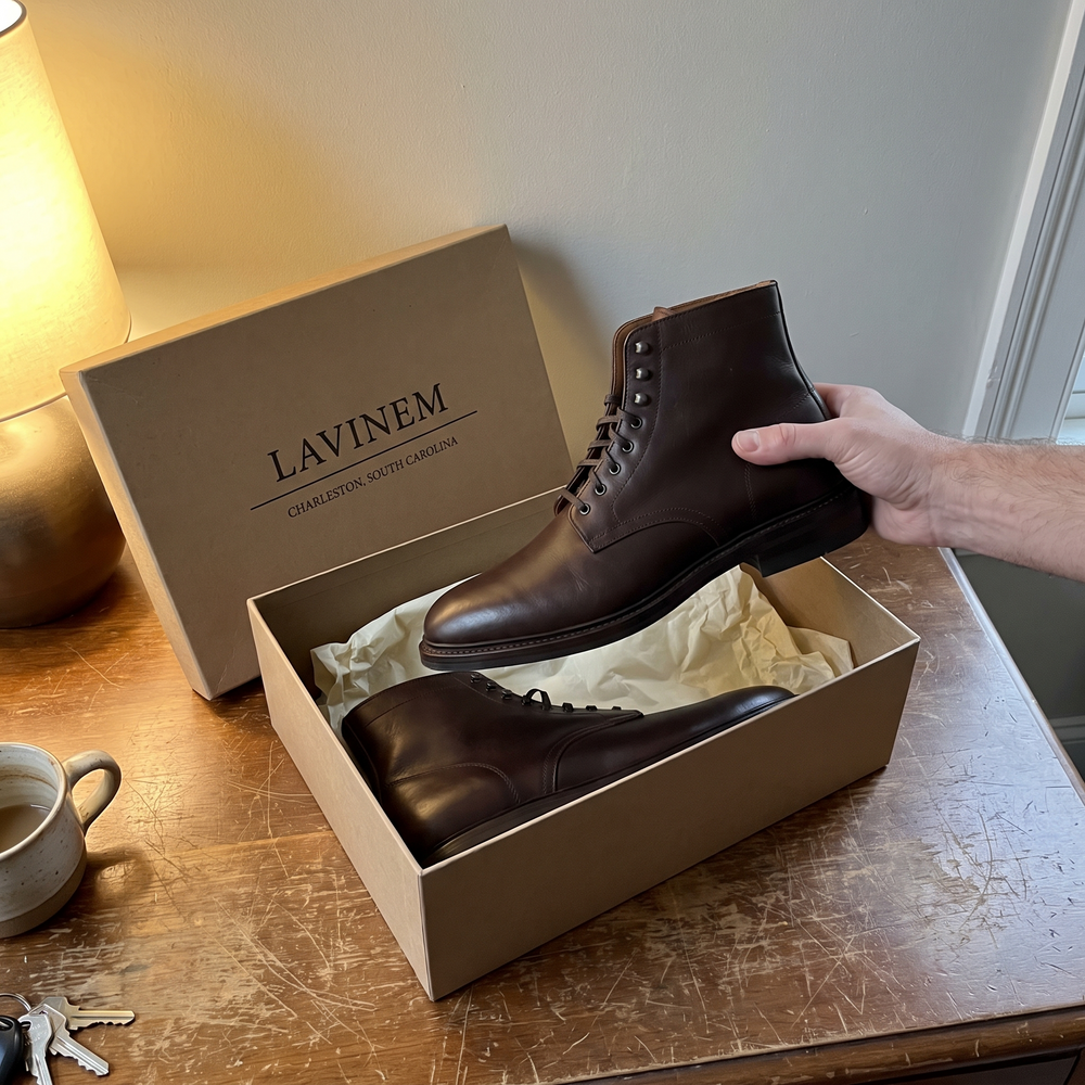 Customer photo: brown leather lace-up boots in an open Lavinem shoe box