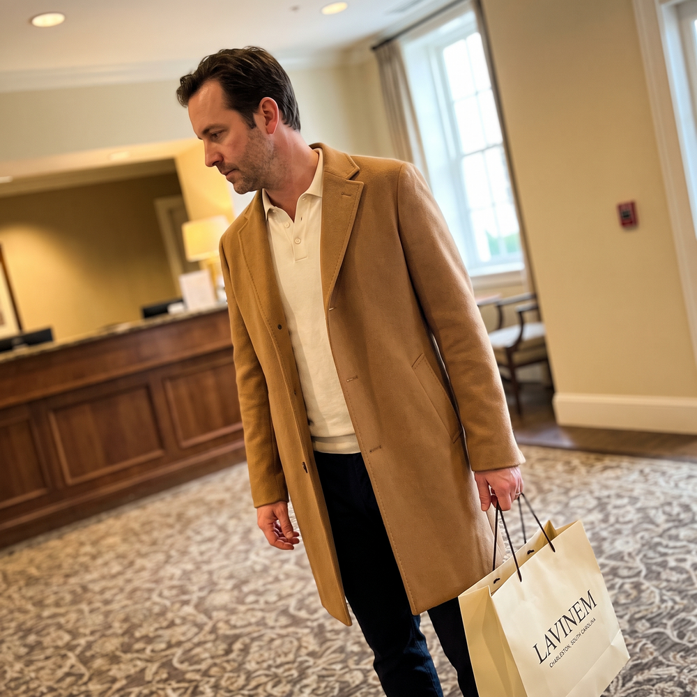 Customer photo: camel wool overcoat with a Lavinem shopping bag