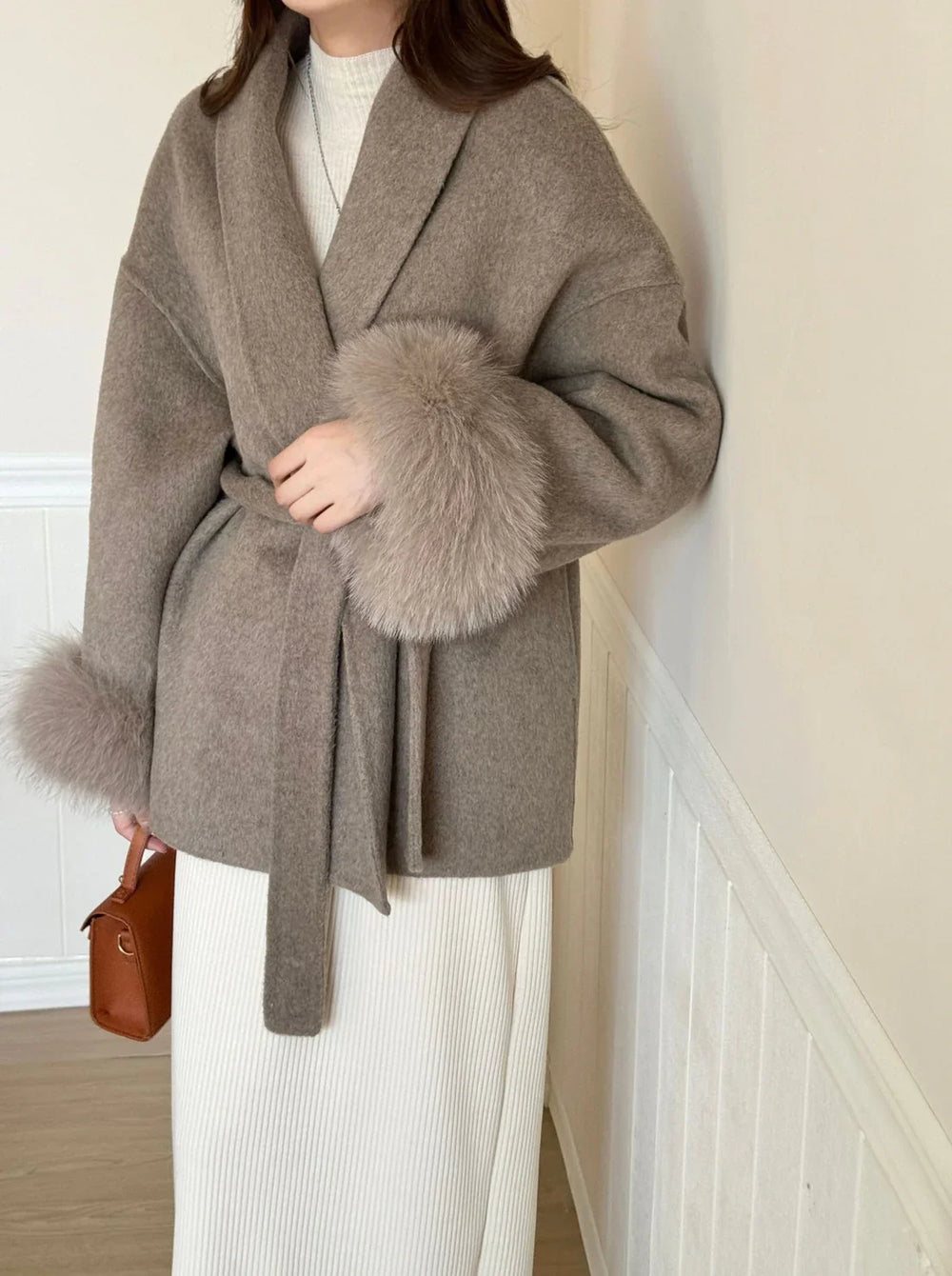 Women's Belted Double-Faced Wool Coat with Faux Fur Cuffs