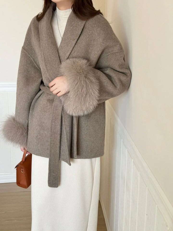 Women's Belted Double-Faced Wool Coat with Faux Fur Cuffs