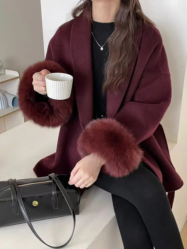 Women's Belted Double-Faced Wool Coat with Faux Fur Cuffs